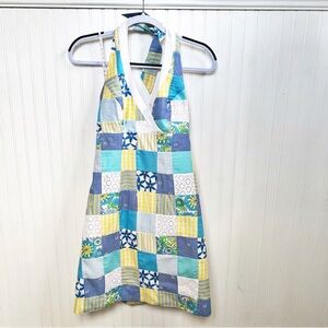 Lilly Pulitzer 67255 Marlon Halter Dress Sewn Patch Blue Yellow Patchwork Size 6
